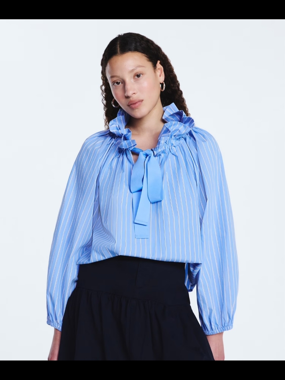Cute Striped Ruffle Tie-Neck Blouse in Light Blue L